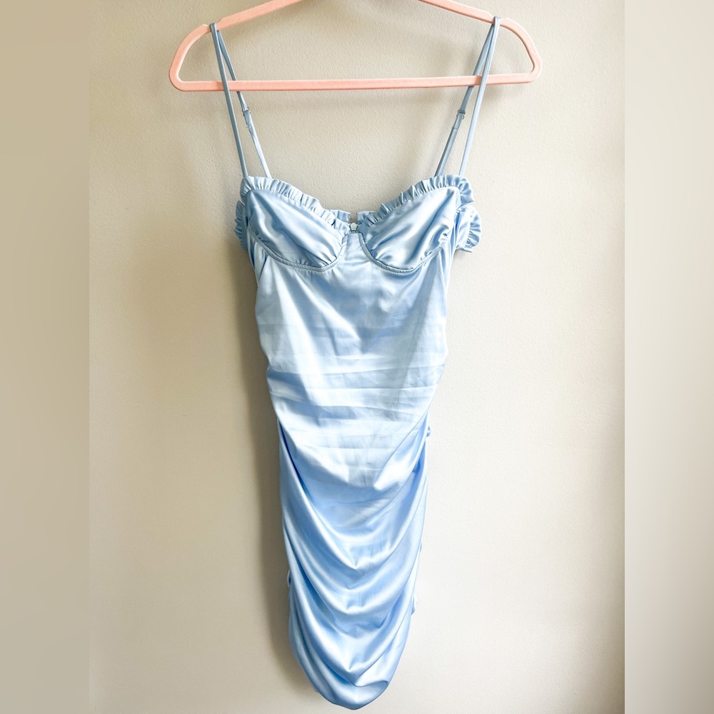 Baby blue satin cinched mini dress From Cider. WORN ONCE! Originally $28